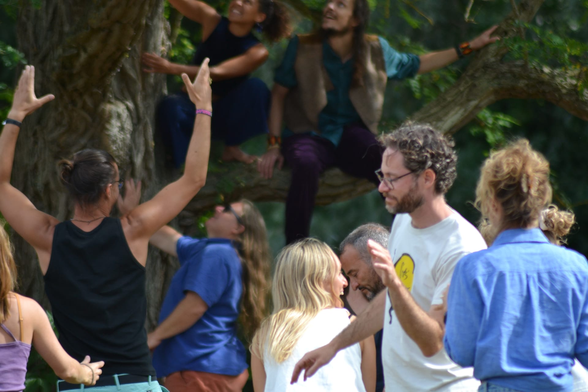 Participants dancing outdoors with arms raised, some sitting in the branches of a large tree