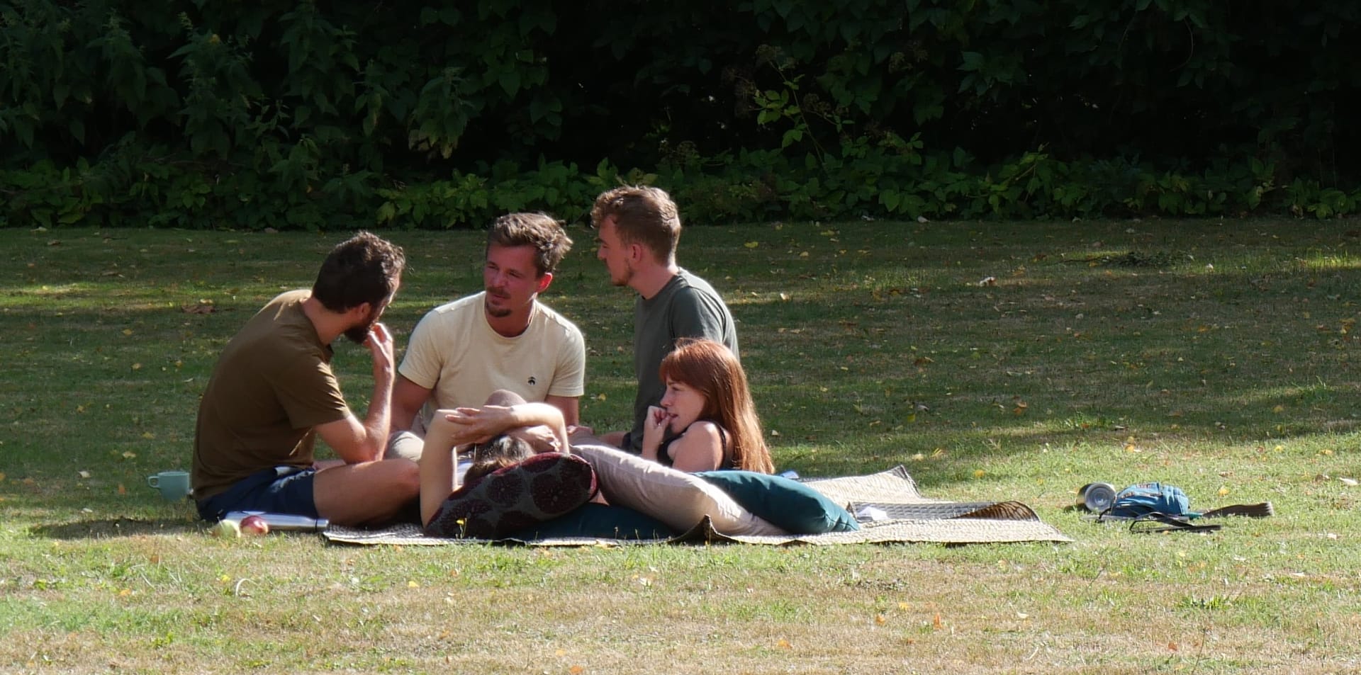 A small group sitting and lying on a blanket on the lawn, talking in the afternoon sun